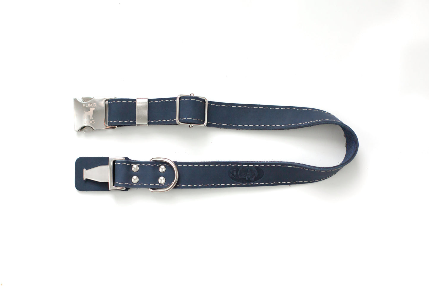 Pro Line Quick-Release Dog Collar with Metal Buckle - Blue Jeans Leather w/ White Stitching