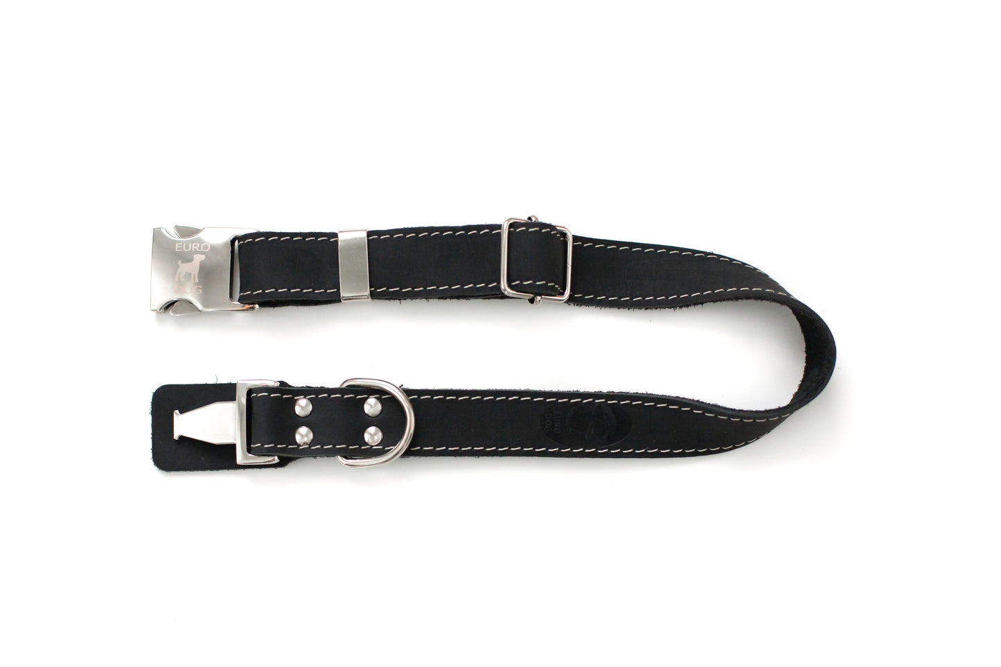 Pro Line Quick-Release Leather Dog Collar with Metal Buckle - Midnight Black Leather w/ White Stitching
