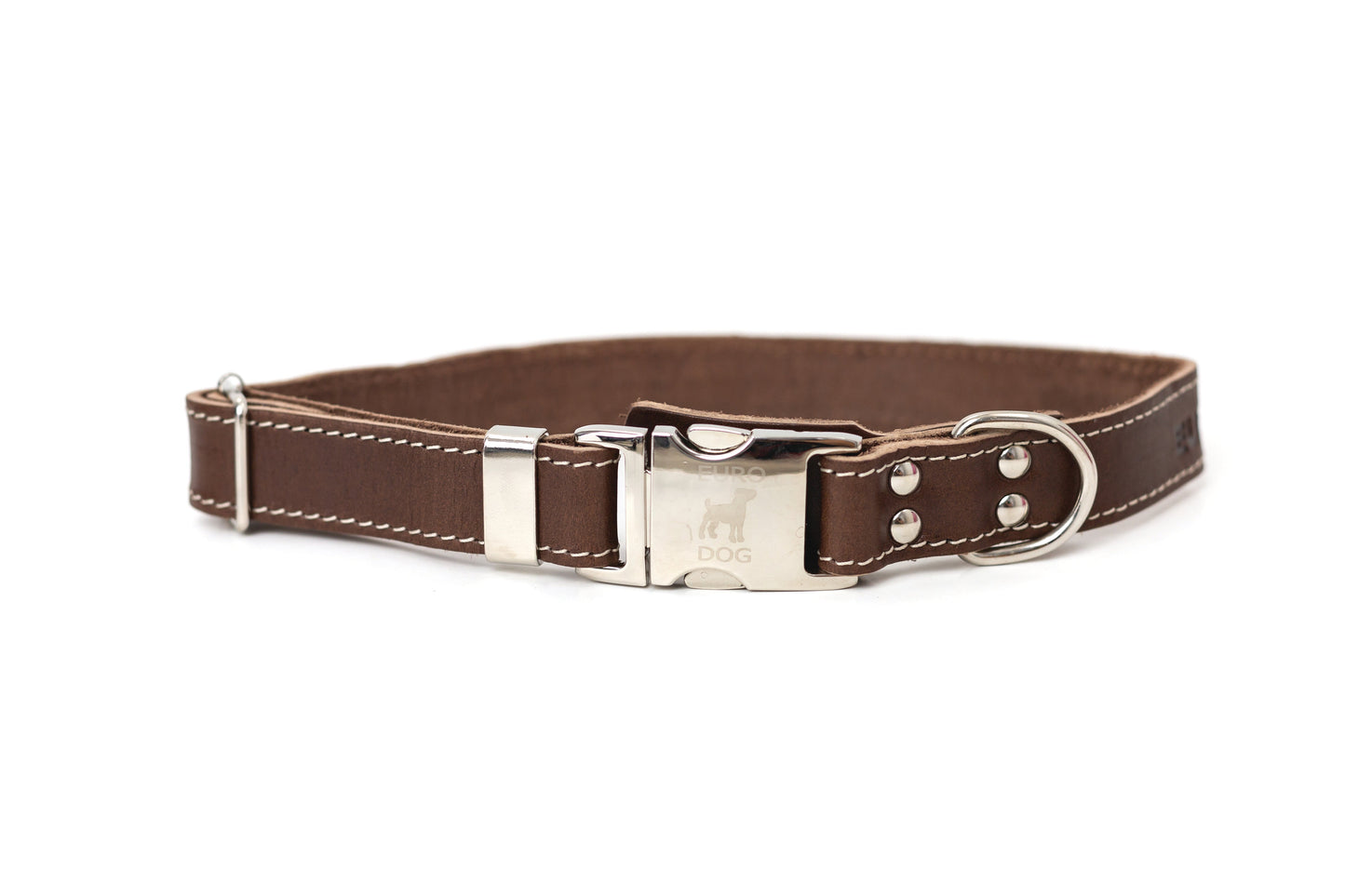 Pro Line Quick-Release Dog Collar with Metal Buckle - Chocolate Leather w/ White Stitching