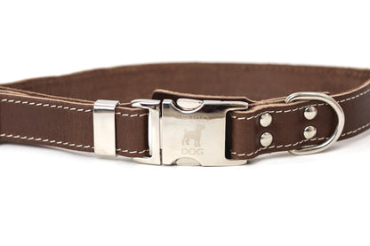 Pro Line Quick-Release Dog Collar with Metal Buckle - Chocolate Leather w/ White Stitching