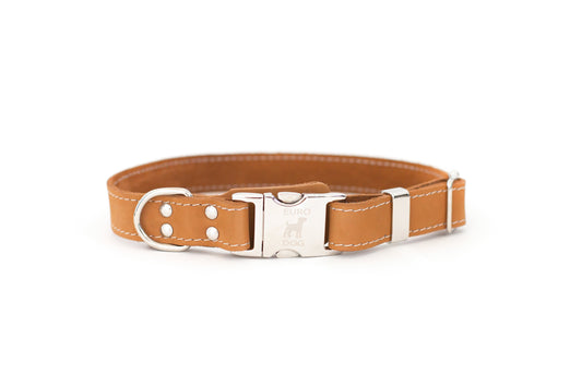 Pro Line Quick-Release Dog Collar with Metal Buckle - Khaki Leather w/ White Stitching