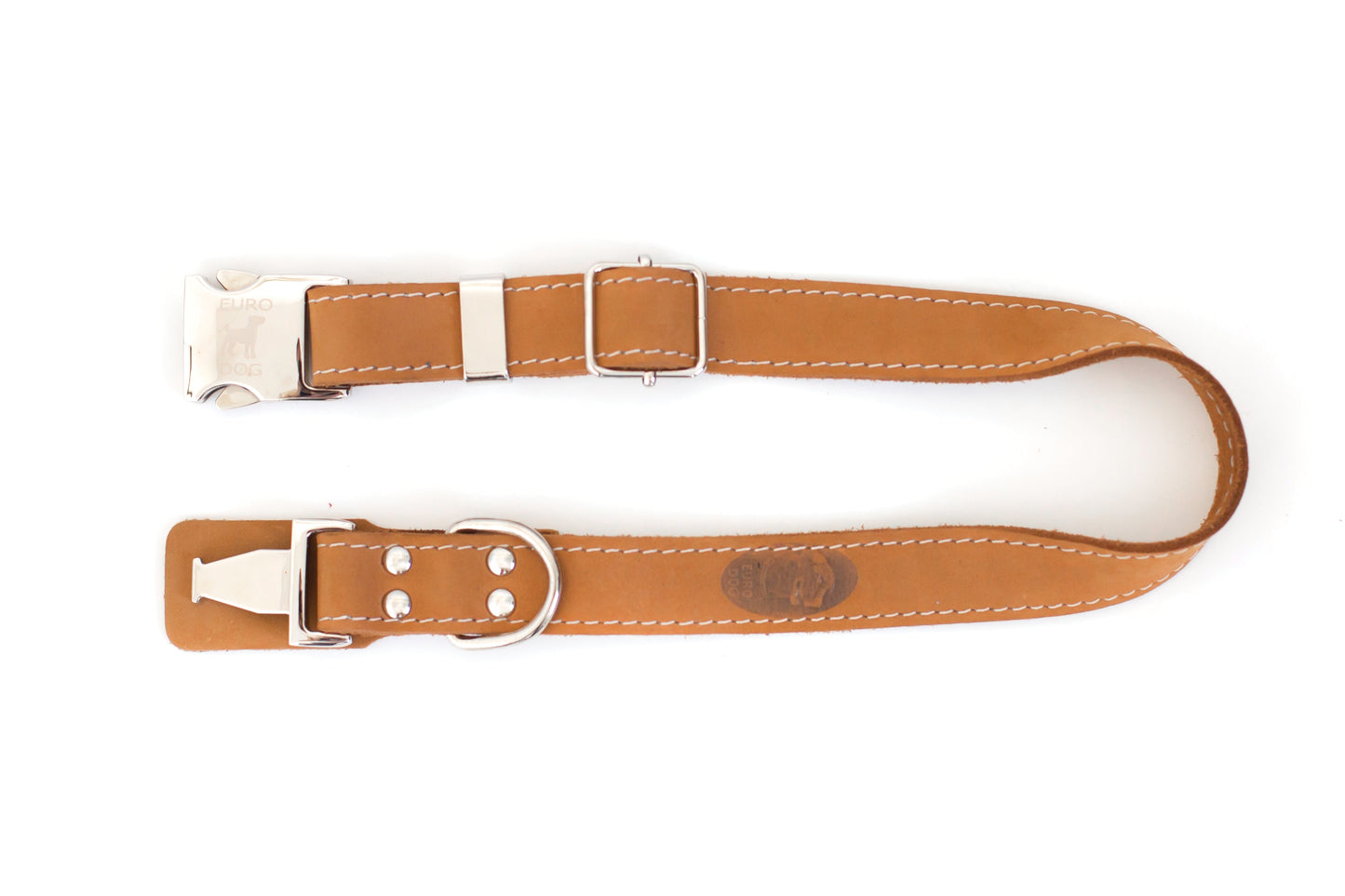Pro Line Quick-Release Dog Collar with Metal Buckle - Khaki Leather w/ White Stitching