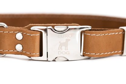 Pro Line Quick-Release Dog Collar with Metal Buckle - Khaki Leather w/ White Stitching