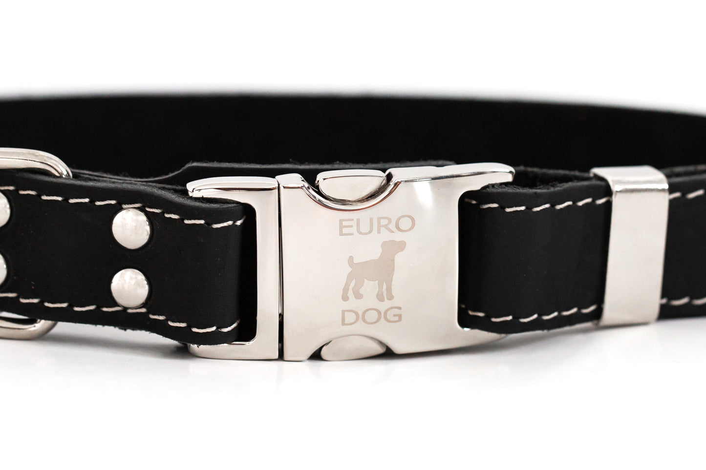 Pro Line Quick-Release Leather Dog Collar with Metal Buckle - Midnight Black Leather w/ White Stitching