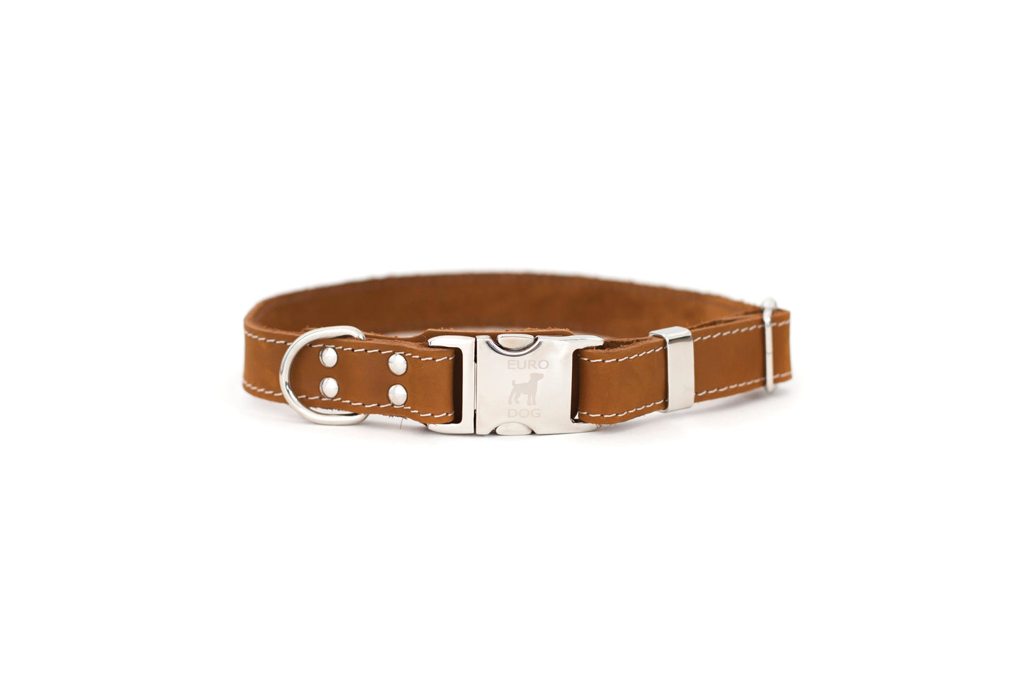 Pro Line Quick-Release Dog Collar with Metal Buckle - Earth Brown Leather w/ White Stitching