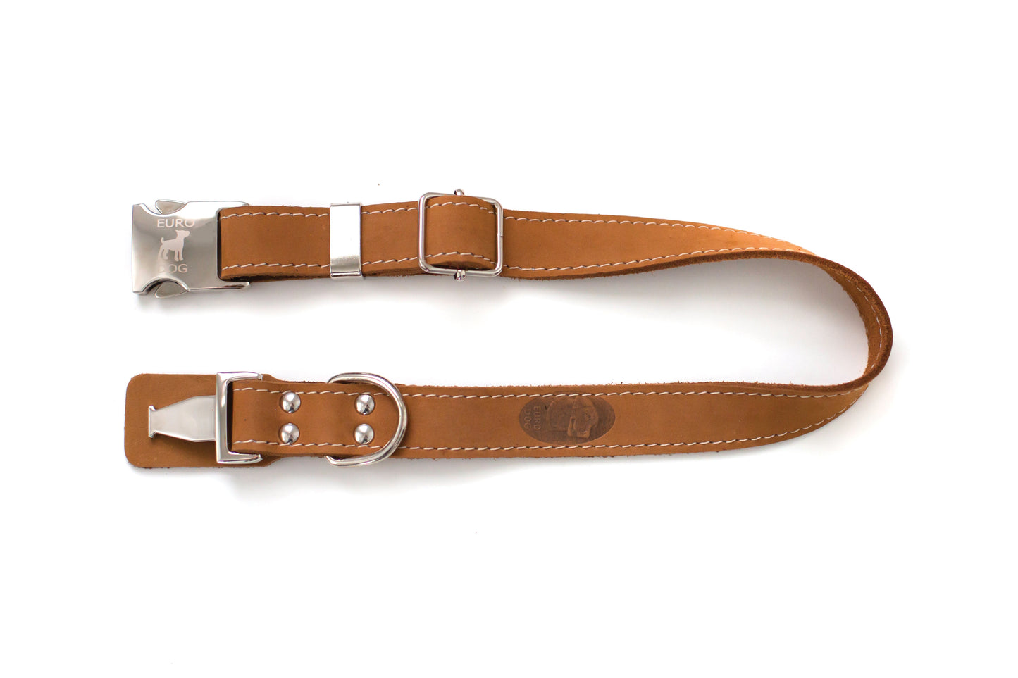 Pro Line Quick-Release Dog Collar with Metal Buckle - Earth Brown Leather w/ White Stitching