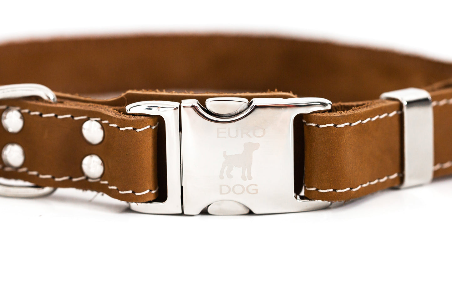 Pro Line Quick-Release Dog Collar with Metal Buckle - Earth Brown Leather w/ White Stitching
