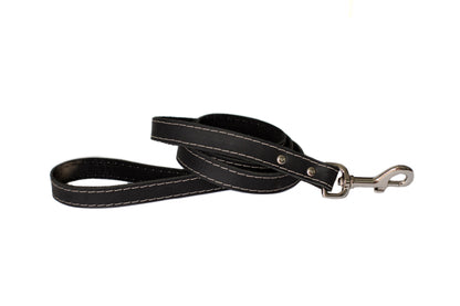 Pro Line Hunting Leather Leash - Midnight Black w/ White Stitching